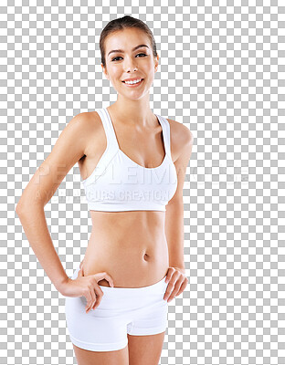 Buy stock photo Fitness, body and portrait of woman for wellness on isolated, png and transparent background. Sports, health and happy confident female person ready for exercise, training and workout to lose weight