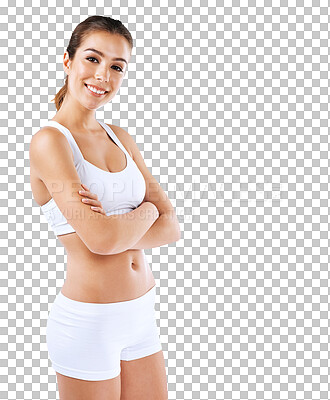 Buy stock photo Health, crossed arms and portrait of woman for wellness on isolated, png and transparent background. Fitness, happy and female person in underwear for exercise, training and workout to lose weight