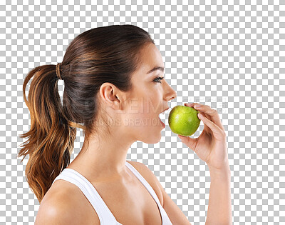 Buy stock photo Apple, eating and woman with health fruit for nutrition isolated on a transparent, png background. Female person, profile and diet with healthy food for wellness, fitness and detox with fruits