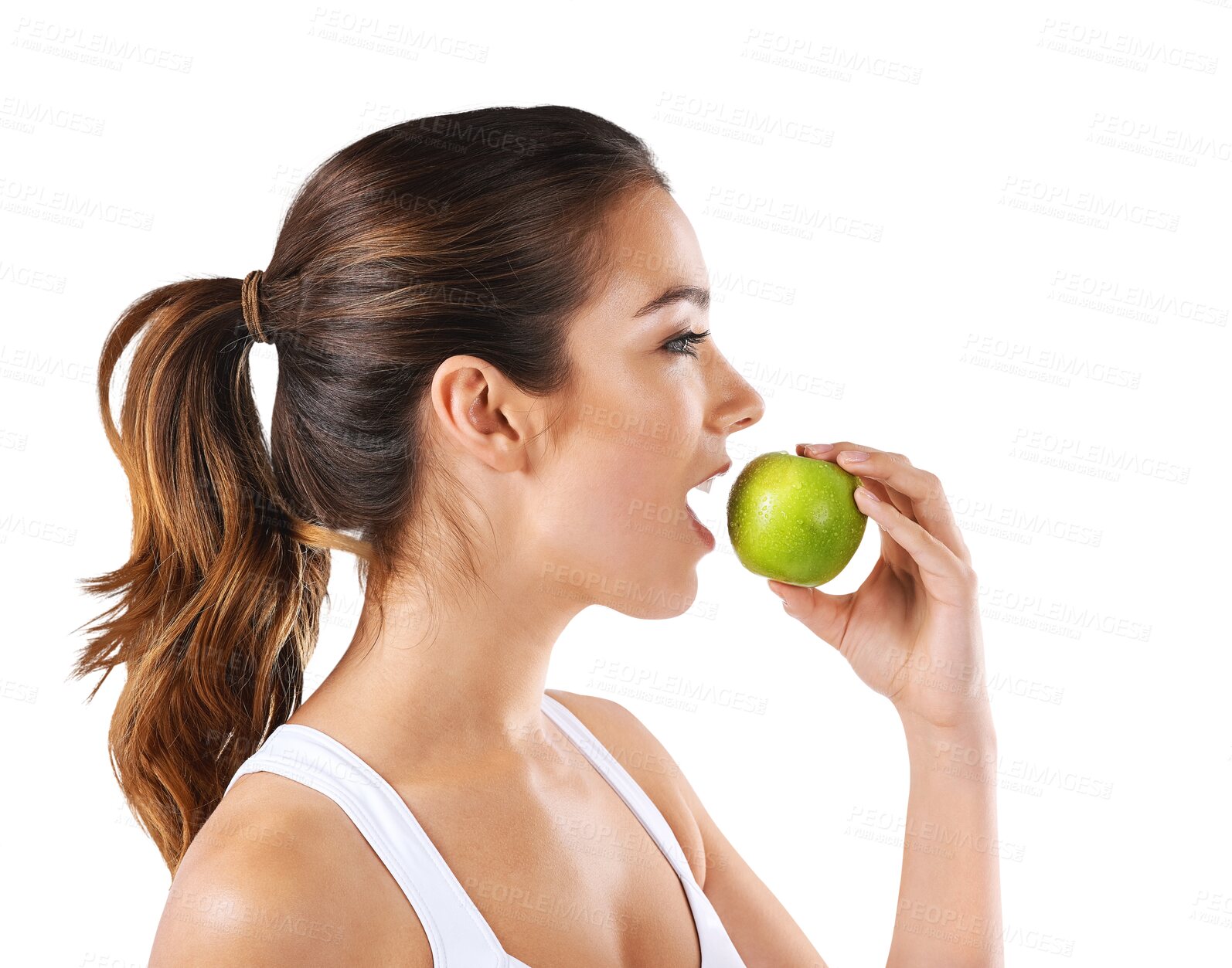 Buy stock photo Apple, eating and woman with health fruit for nutrition isolated on a transparent, png background. Female person, profile and diet with healthy food for wellness, fitness and detox with fruits