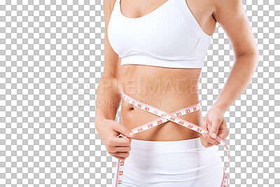 Buy stock photo Stomach, fitness and diet with tape for wellness in png or isolated or transparent background. Measure, waist and exercise with nutrition for healthy body or goal with cardio and workout with sport.