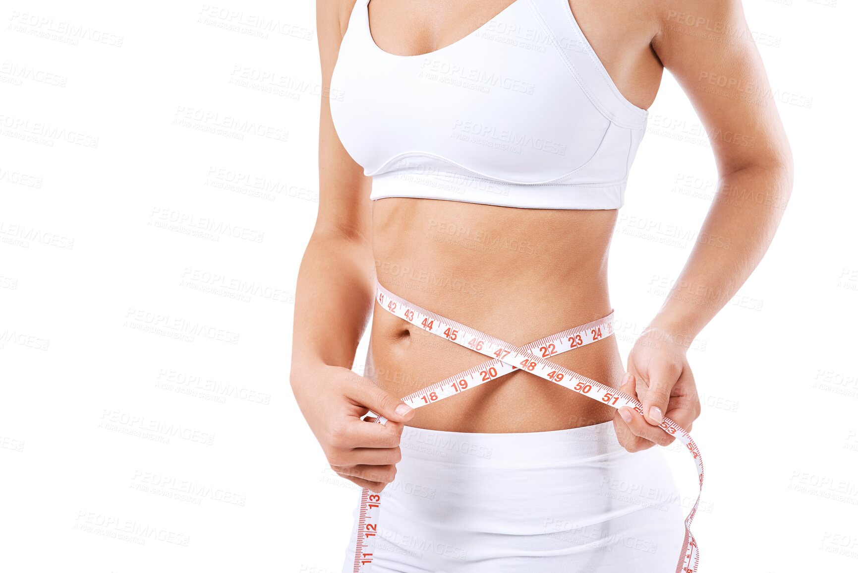 Buy stock photo Stomach, fitness and diet with tape for wellness in png or isolated or transparent background. Measure, waist and exercise with nutrition for healthy body or goal with cardio and workout with sport.