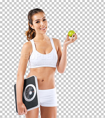 Buy stock photo Apple, scale and happy with portrait of woman on transparent background for diet, nutrition and health. Fruit, fitness and wellness with person isolated on png for body, weight loss and balance