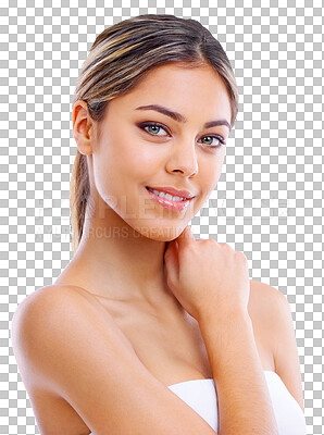 Buy stock photo Skincare, natural beauty and woman portrait with cosmetics isolated on a transparent, png background. Happy, makeup glow and young female person with confidence and smile from facial wellness