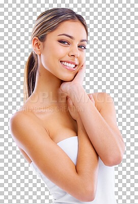 Buy stock photo Happy, natural beauty and woman portrait with cosmetics isolated on a transparent, png background. Young, face makeup glow and young female person with confidence and smile from skincare wellness