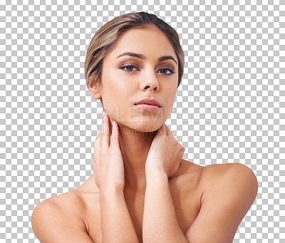 Buy stock photo Skincare, beauty and portrait of natural woman on isolated, png and transparent background for cosmetics. Dermatology, spa aesthetic and face of female person for facial treatment, makeup or wellness