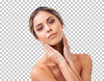 Buy stock photo Beauty, makeup and natural with portrait of woman on transparent background for glow, skincare and spa. Self care, cosmetology and salon with face of female person isolated on png for dermatology