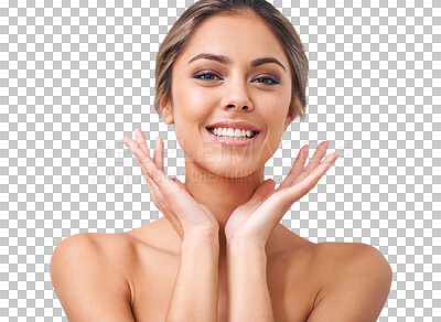 Buy stock photo Beauty, happy and portrait of natural woman on isolated, png and transparent background for skincare. Dermatology, spa aesthetic and face of female person for makeup, cosmetics and facial wellness