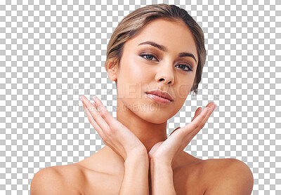 Buy stock photo Natural, skincare and portrait of woman with hands on isolated, png and transparent background. Dermatology, beauty aesthetic and face of female person with makeup, cosmetics and facial wellness