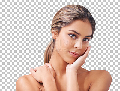 Buy stock photo Natural, beauty and portrait of woman with hands on isolated, png and transparent background for skincare. Dermatology, salon and face of female person for facial wellness, cosmetics and makeup