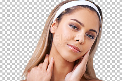 Buy stock photo Woman, natural beauty and portrait with cosmetics and makeup isolated on a transparent, png background. Skincare glow, female face care and dermatology with facial treatment and hairband feeling calm