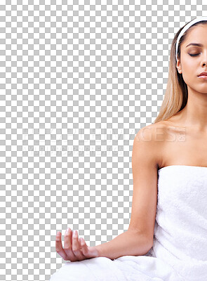 Buy stock photo Half, lotus and yoga by woman on isolated, transparent or png background for peace, balance or zen. Hand, meditation and lady person relax with breathe exercise for mental health, holistic or healing