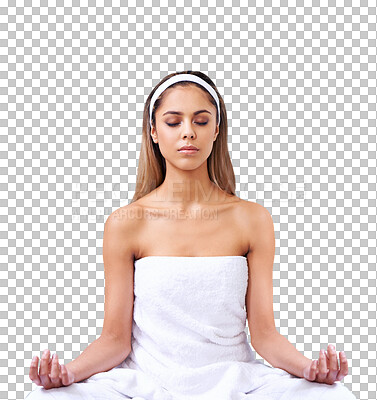 Buy stock photo Hands, lotus and yoga by woman on isolated, transparent or png background for peace, balance or zen. Calm, meditation and lady person relax with breathe exercise for mental health, holistic or faith