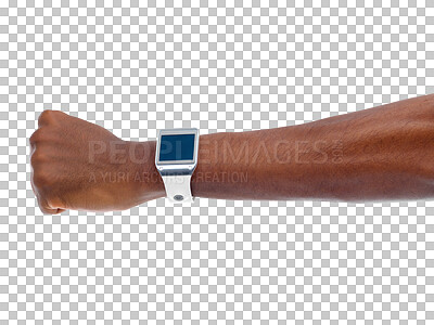 Buy stock photo Arm, watch and tech with time, hand and screen isolated on a transparent, png background. Digital clock, futuristic and online app of a person with technology and wrist gadget and web device