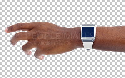 Buy stock photo Arm, user watch and tech with time, hand and screen isolated on a transparent, png background. Digital clock, futuristic and online app of a person with technology and wrist gadget and web device