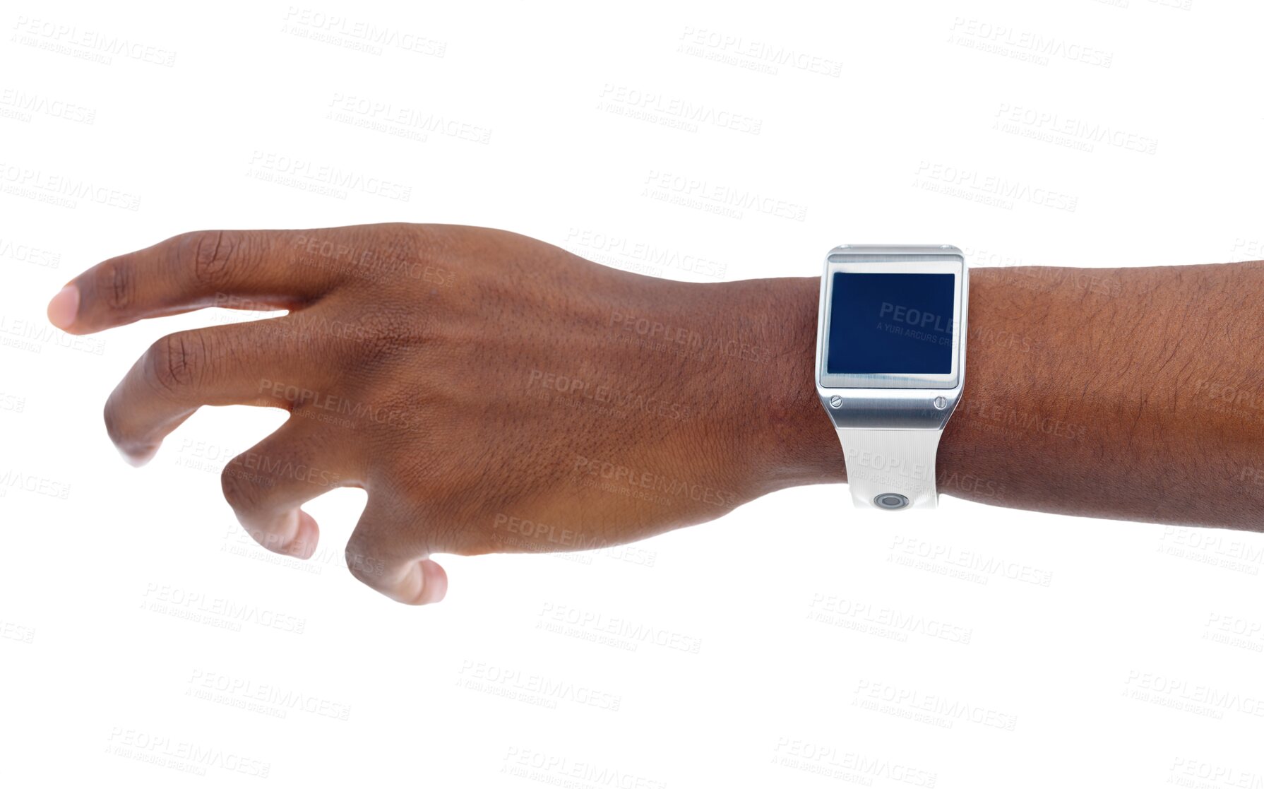 Buy stock photo Arm, user watch and tech with time, hand and screen isolated on a transparent, png background. Digital clock, futuristic and online app of a person with technology and wrist gadget and web device