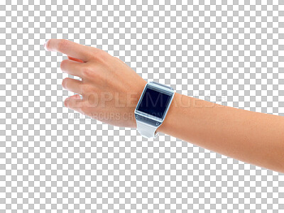 Buy stock photo Arm, watch and tech product with time, hand and screen isolated on a transparent, png background. Digital clock, futuristic and online app of a person with technology and wrist gadget and web device