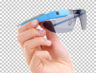 Buy stock photo Smart glasses, hand and person with digital code, iot or innovation, big data or futuristic programming. Finger, spectacles and metaverse or cloud computing on isolated, transparent or png backgroung