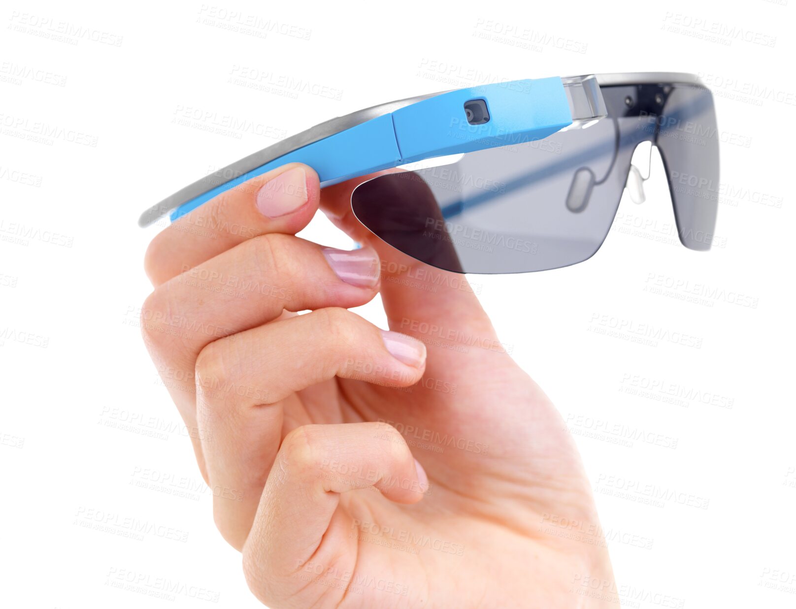 Buy stock photo Smart glasses, hand and person with digital code, iot or innovation, big data or futuristic programming. Finger, spectacles and metaverse or cloud computing on isolated, transparent or png backgroung