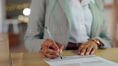 Buy stock photo Woman, hands and writing signature for business contract, application or form with pen at night on office desk. Closeup of female person filling documents or signing paperwork for legal agreement