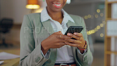 Buy stock photo Business woman, hands and phone for reading mobile chat, social network and digital contact at night. Closeup of happy worker typing on smartphone, scroll on news app and search information in office