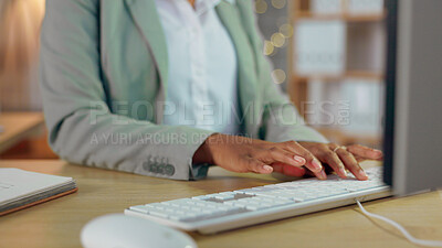 Buy stock photo Business person, hands and typing on computer for research, administration or planning deadline for working late in office. Closeup, employee and desktop keyboard for online report, email or internet