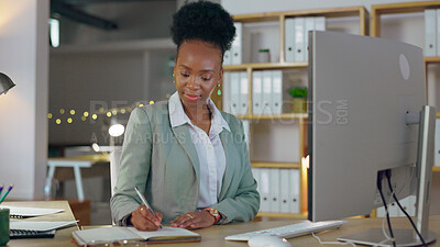 Buy stock photo Business, computer and black woman writing, planning and brainstorming with ideas, career and project development. African person, employee or consultant with a notebook, pc or startup in a workplace