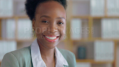 Buy stock photo Portrait, leadership and business black woman manager in an office at night for corporate or professional work. Face, management and smile with a happy young CEO or boss in a suit at the workplace