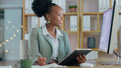 Buy stock photo Woman, computer and writing with tablet in office, planning and thinking with smile for business strategy. African entrepreneur, check and ideas for corporate vision, notes and happy in management