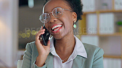 Buy stock photo Business, black woman and phone call in office for communication, consulting and contact while working late. Happy worker, mobile networking and talking for feedback, conversation and negotiation