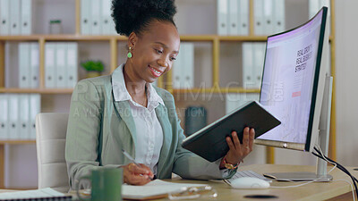 Buy stock photo Black woman, planning and tablet with research, strategy or development in business and project. Reading, report and entrepreneur with startup review, analysis and excited for profit growth or goals