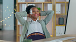 Success, done and black woman relax in office after online protect on a computer, satisfied and smile. Happy, stretching and female corporate employee proud of management, efficiency and productivity