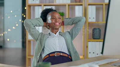 Buy stock photo Happy black woman, relax and break at office from computer, done or finished with tasks. African female person or employee smile with hands behind head in stretching, rest or competition at workplace