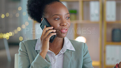 Buy stock photo Phone call, communication and a business black woman in her office at night for networking or negotiation. Contact, planning or discussion with a young employee talking on her mobile in the workplace