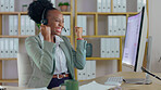 Black woman, call center and celebration in sale, promotion or achievement at night by office desk. Happy African female consultant celebrating victory, win or success in telemarketing on computer