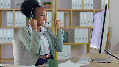 Buy stock photo Excited black woman, call center and fist pump in winning, promotion or success for customer service at office. Happy African female person, consultant or agent smile in celebration for online bonus