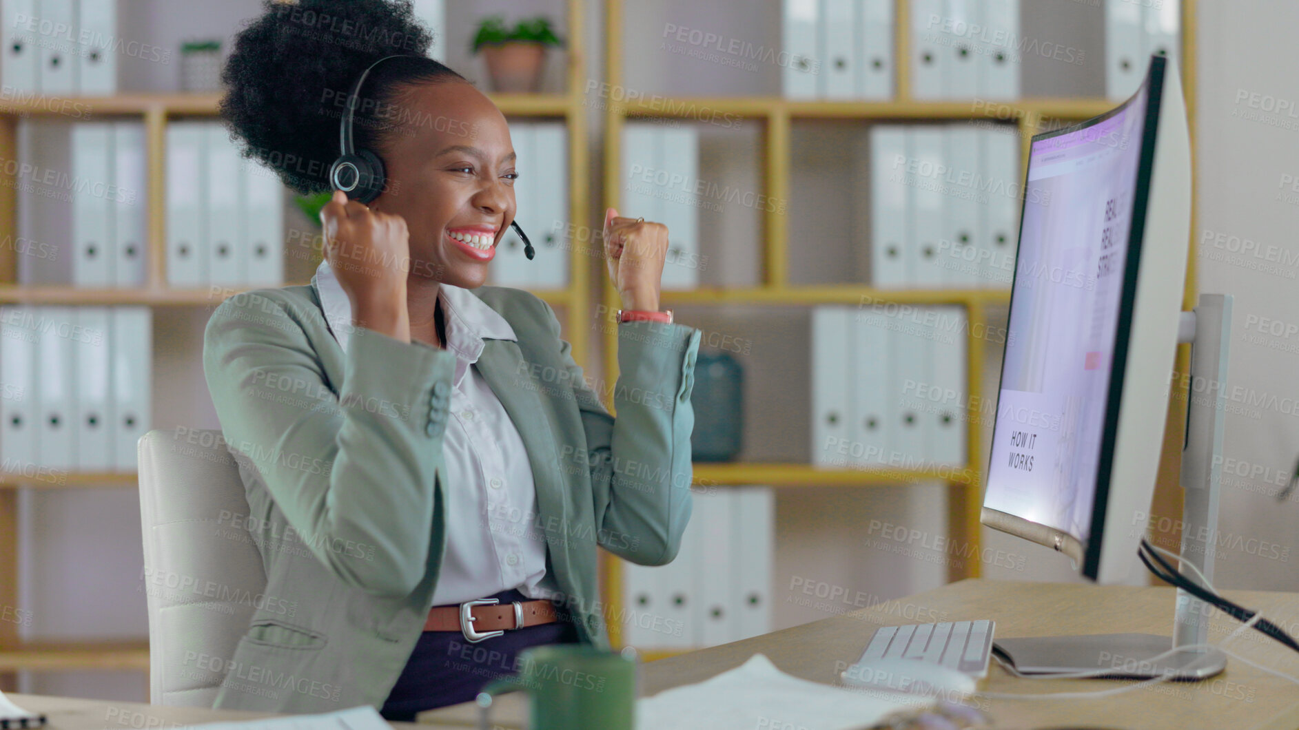 Buy stock photo Excited black woman, call center and fist pump in winning, promotion or success for customer service at office. Happy African female person, consultant or agent smile in celebration for online bonus