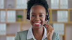 Black woman, call center and face with smile for telemarketing, customer service or support at office. Portrait of happy African female consultant smiling with headset for marketing, help or advice