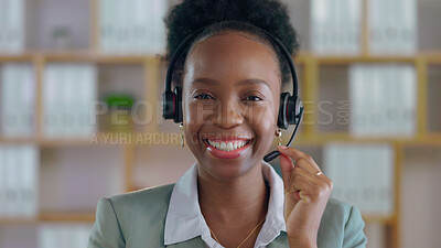 Buy stock photo African woman, call center and smile in portrait with microphone for telemarketing, talking or contact us. Consultant, crm and tech support agent with customer service, voip mic and happy for advice