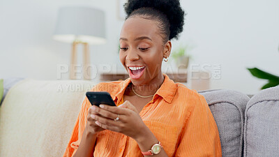 Buy stock photo Excited, phone chat or black woman on couch in communication in house living room to relax. Smile, wow or happy African person texting or reading online gossip in a mobile app discussion on sofa