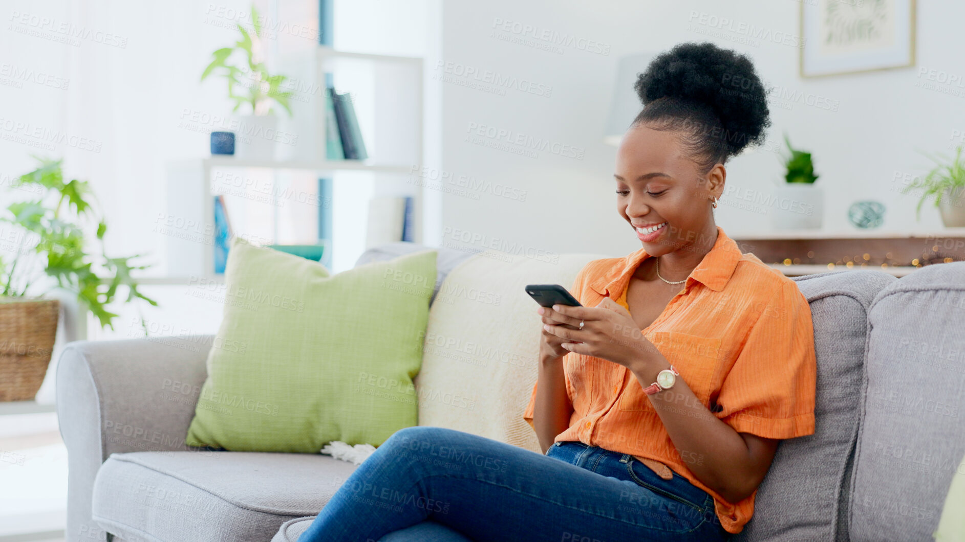 Buy stock photo Relax, phone chat or black woman on sofa in communication in house living room. Smile, scroll or happy African person texting or reading online gossip on a mobile app discussion on couch at home