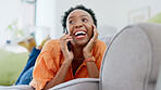 Relax, phone call and black woman on couch, communication and resting in living room. African American female, lady and smartphone for discussion, connection with contact and break on sofa in lounge