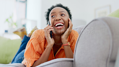 Buy stock photo Relax, phone call or happy black woman on couch in communication in house living room. Smile, mobile contact or excited African lady talking or speaking of gossip in discussion or connection on sofa 