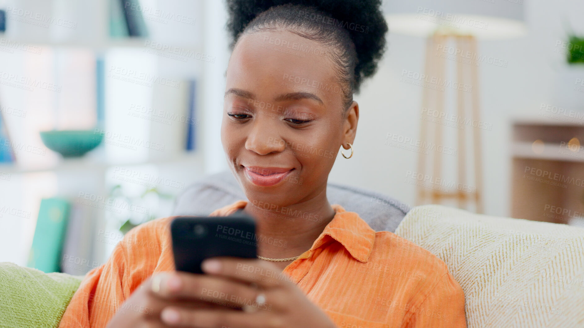 Buy stock photo Social media, phone or black woman on sofa to relax in communication in house living room. Smile, scroll or African person texting or reading online gossip on a mobile app discussion on couch at home