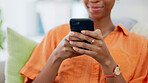 Phone, app and woman texting laughing at a meme online, internet and web or send message on social media. Hands of female person with mobile connection typing on cellphone as smartphone communication
