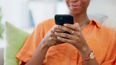 Buy stock photo Woman, hands and typing on smartphone in home, reading social media notification and scroll multimedia subscription. Closeup, cellphone and download mobile games, search digital network or update app