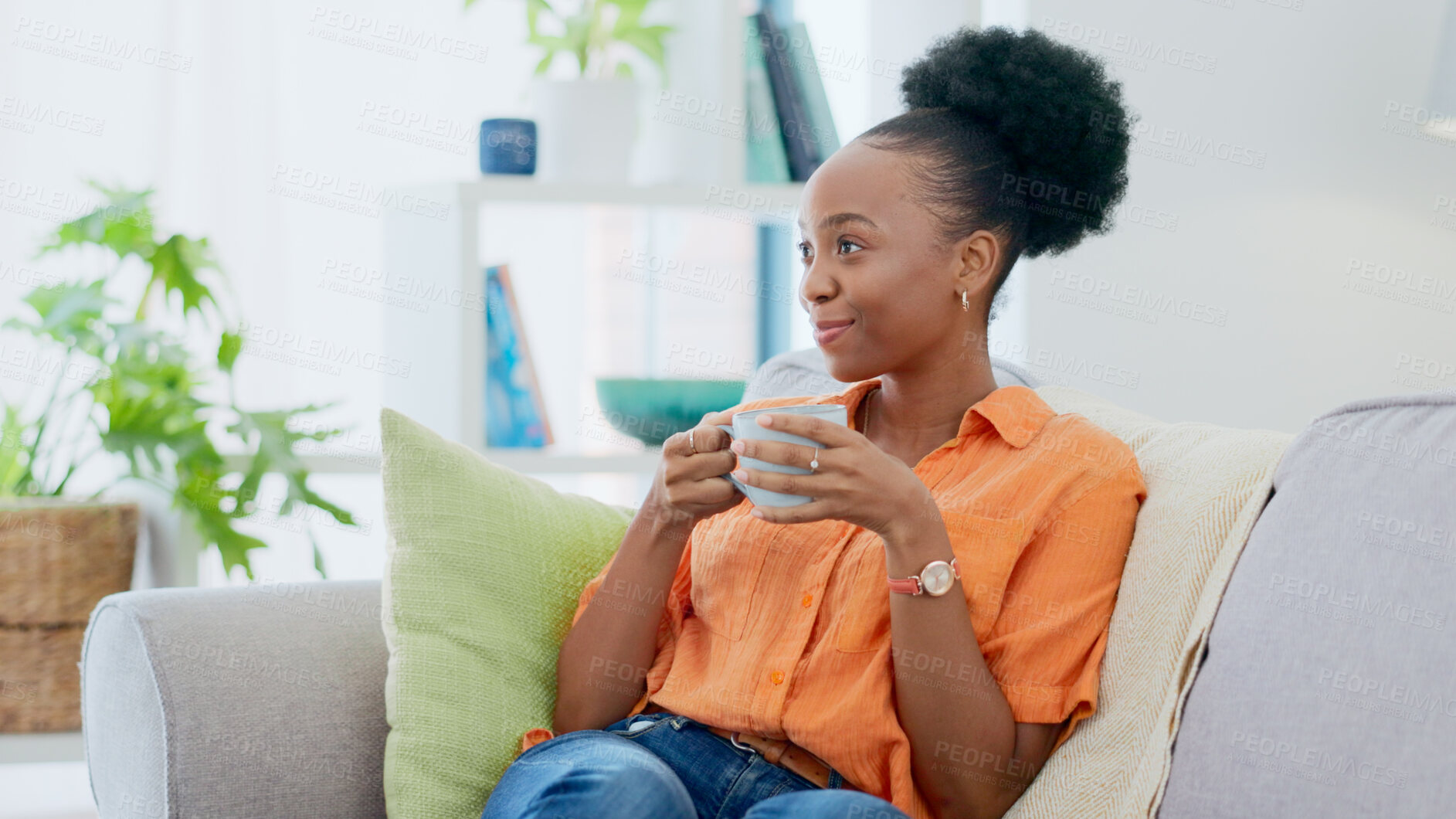 Buy stock photo Black woman, smiling and sofa with hot beverage, relaxing and house for self care, lounge and break. Me time, comfort and quality time in home, lounge and day off for resting, laughing and happiness