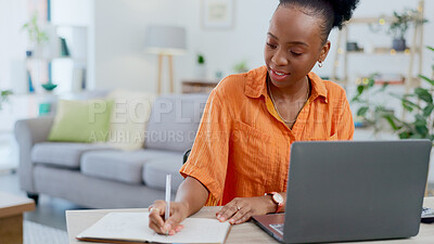 Buy stock photo Student, writing and black woman with laptop in home with online class, notes and studying with research or elearning. College, notebook and girl with distance learning, education or planning project