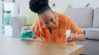 Buy stock photo Woman, spray and cloth for cleaning the counter, disinfection and detergent for bacteria on wooden table. Black person, sanitize and chemical or wipe, dust and dirt or germs, smile and routine