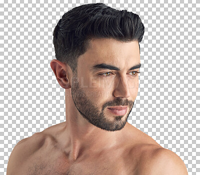 Buy stock photo Face, health and skin care of a man isolated on a transparent, png background. Dermatology, cosmetics and Arab person or aesthetic male model natural glow, beauty and facial hair for wellness results